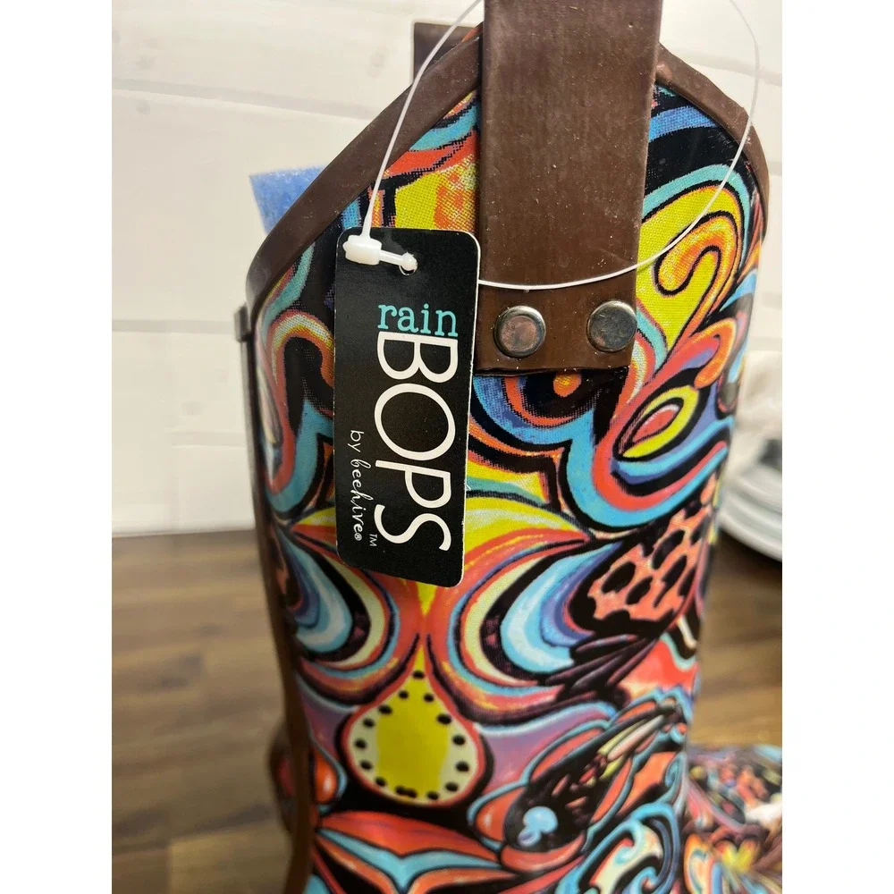 BOPS by Beehive RAIN12 Western Rain Boots‎ Psychedelic Paisley Floral Womens 8